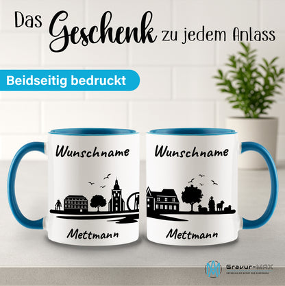 Tasse in Hellblau 330ml bedruckt mit der Skyline von Mettmann personalisierbar mit Wunschname