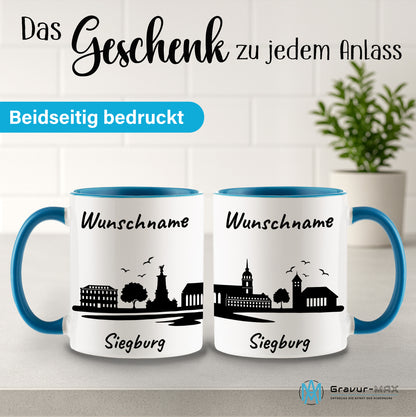Tasse in Hellblau 330ml bedruckt mit der Skyline von Siegburg personalisierbar mit Wunschname