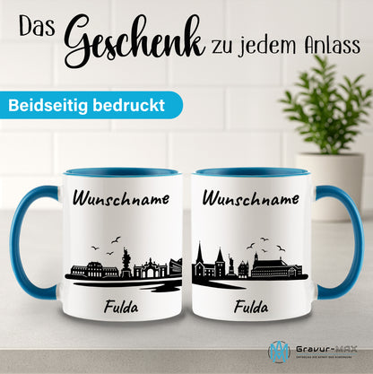 Tasse in Hellblau 330ml bedruckt mit der Skyline von Fulda personalisierbar mit Wunschname