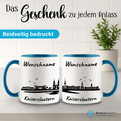 Tasse in Hellblau 330ml bedruckt mit der Skyline von Kaiserslautern personalisierbar mit Wunschname