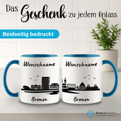 Tasse in Hellblau 330ml bedruckt mit der Skyline von Bremen personalisierbar mit Wunschname