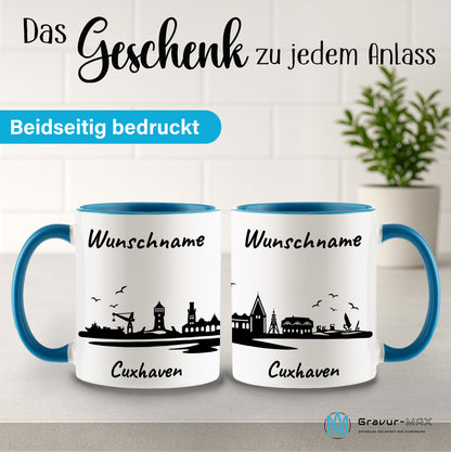 Tasse in Hellblau 330ml bedruckt mit der Skyline von Cuxhaven personalisierbar mit Wunschname