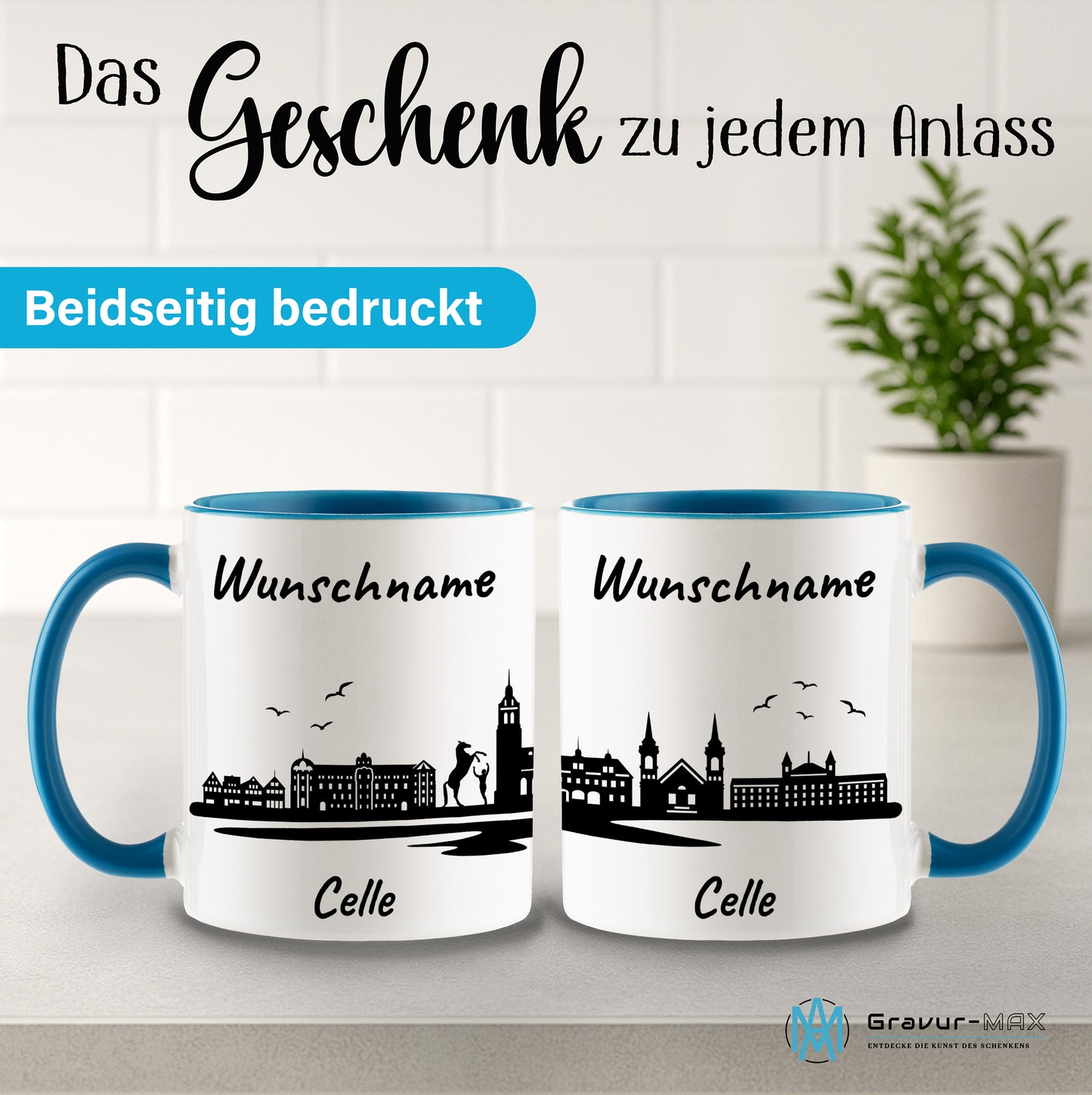 Tasse in Hellblau 330ml bedruckt mit der Skyline von Celle personalisierbar mit Wunschname