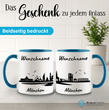 Tasse in Hellblau 330ml bedruckt mit der Skyline von München personalisierbar mit Wunschname