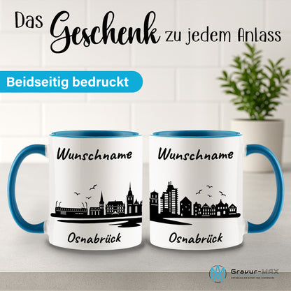 Tasse in Hellblau 330ml bedruckt mit der Skyline von Osnabrück personalisierbar mit Wunschname