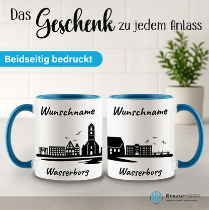 Tasse in Hellblau 330ml bedruckt mit der Skyline von Wasserburg personalisierbar mit Wunschname