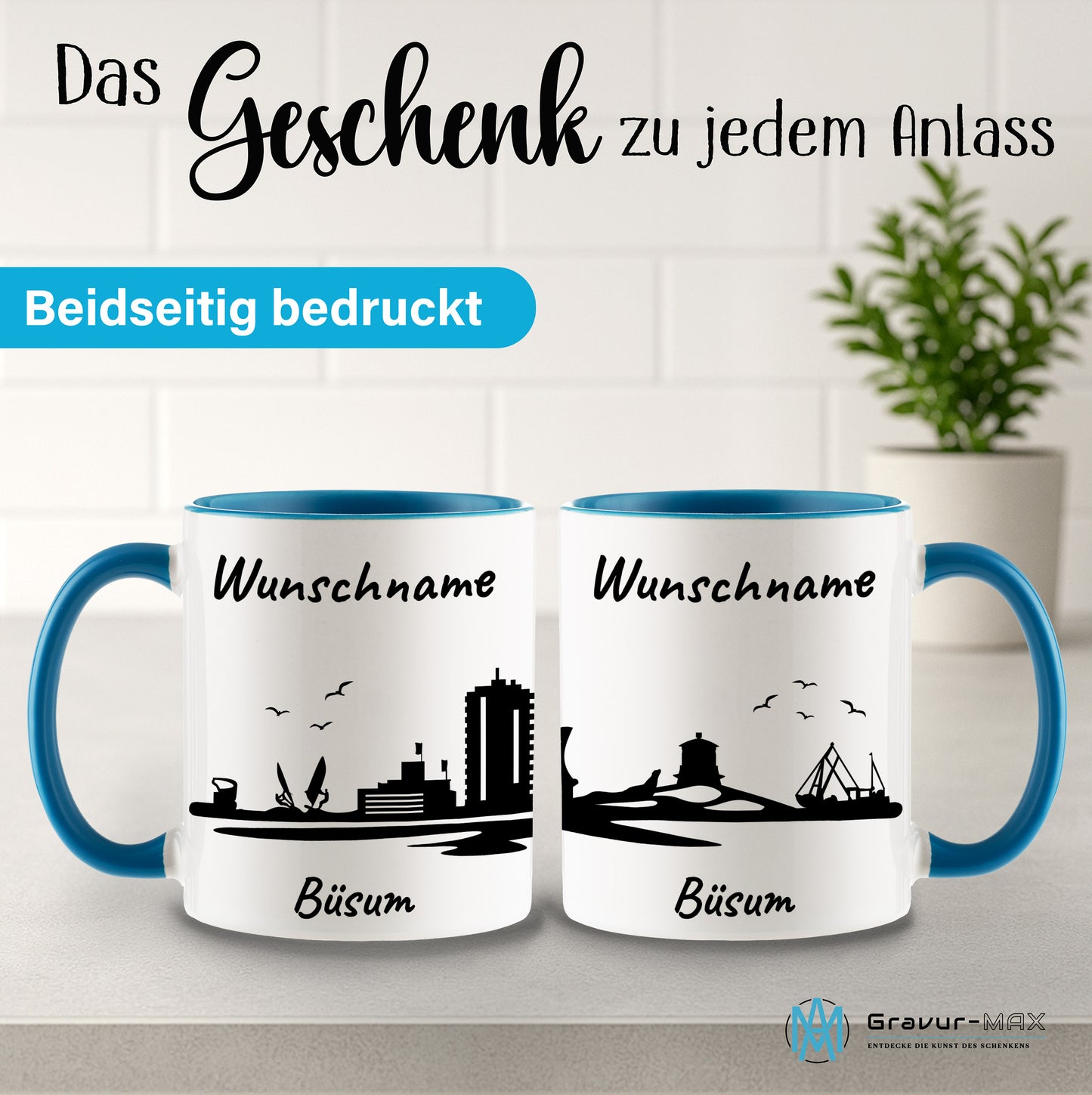 Tasse in Hellblau 330ml bedruckt mit der Skyline von Büsum personalisierbar mit Wunschname