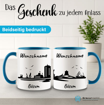Tasse in Hellblau 330ml bedruckt mit der Skyline von Büsum personalisierbar mit Wunschname