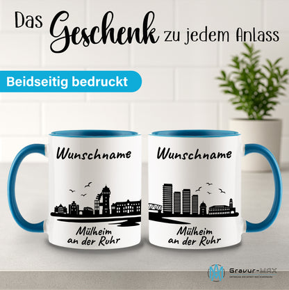 Tasse in Hellblau 330ml bedruckt mit der Skyline von Mülheim an der Ruhr personalisierbar mit Wunschname