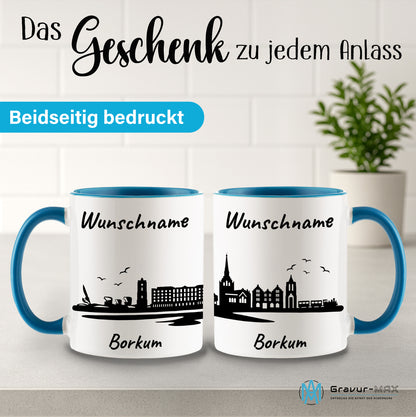 Tasse in Hellblau 330ml bedruckt mit der Skyline von Borkum personalisierbar mit Wunschname