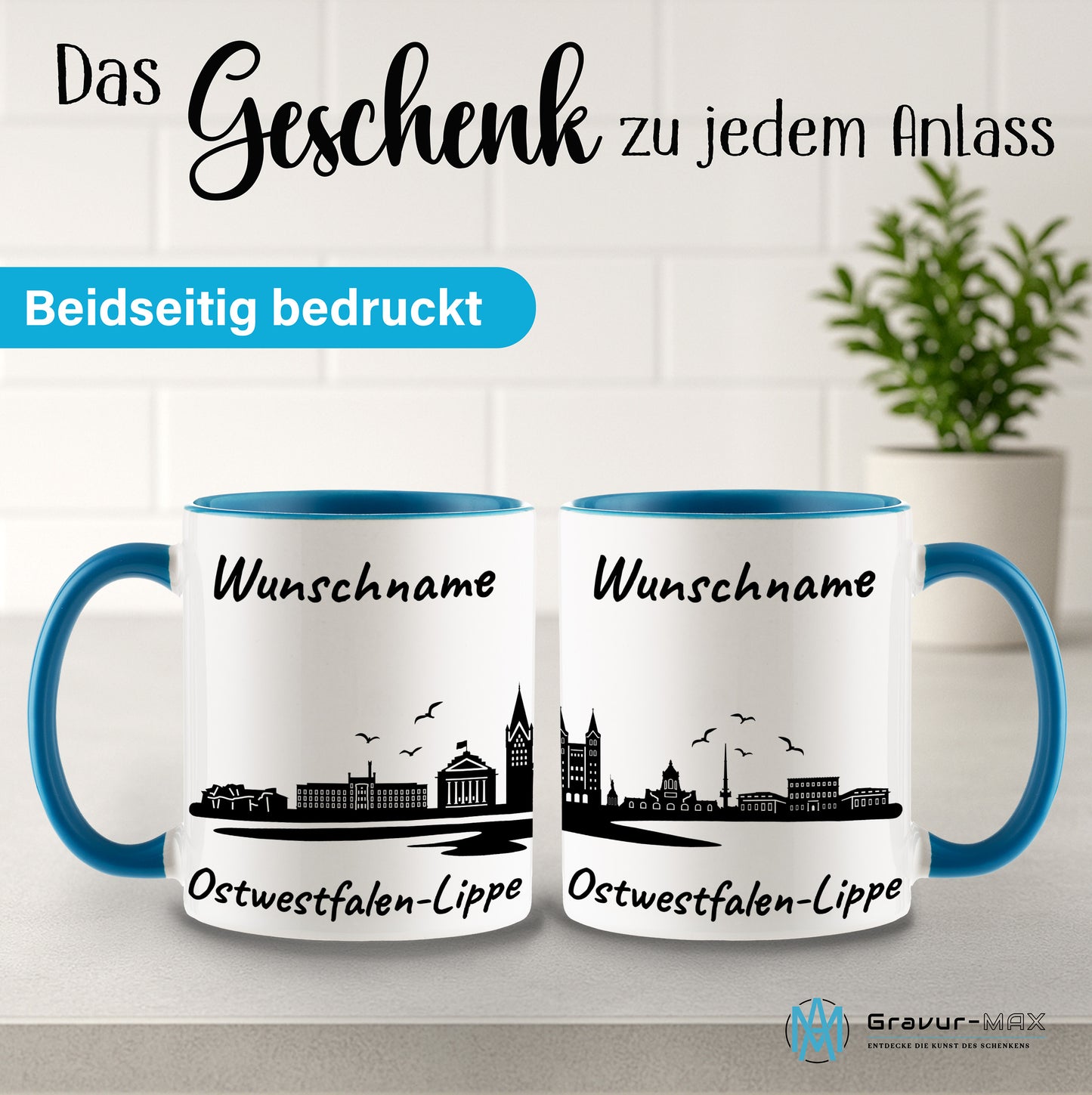 Tasse in Hellblau 330ml bedruckt mit der Skyline von Ostwestfalen-Lippe personalisierbar mit Wunschname