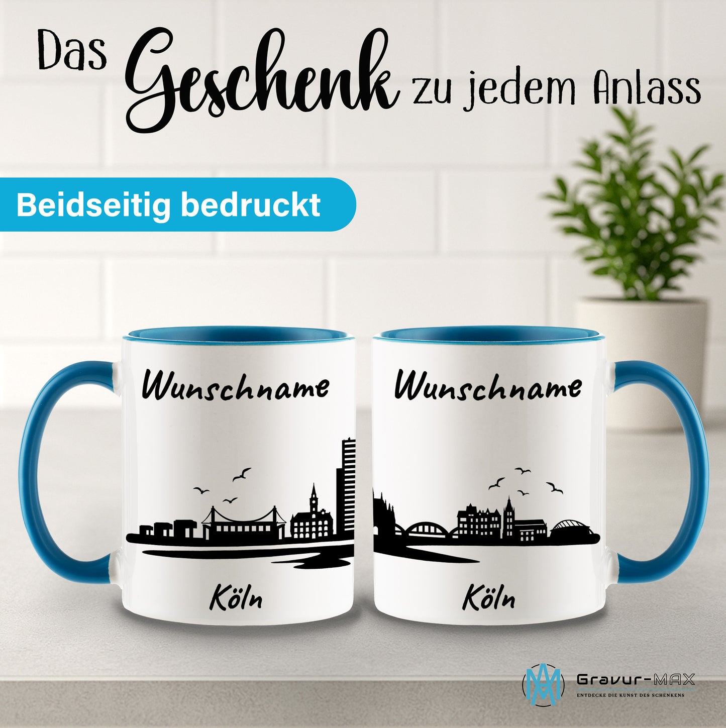 Tasse in Hellblau 330ml bedruckt mit der Skyline von Köln personalisierbar mit Wunschname