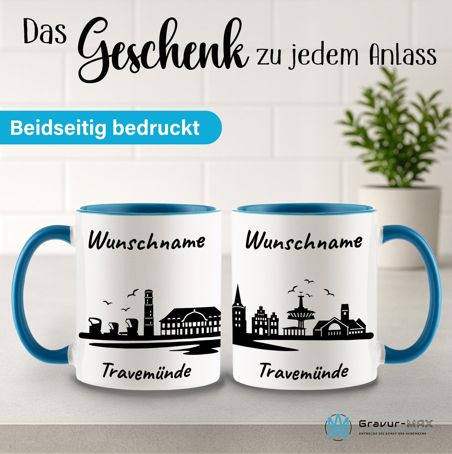 Tasse in Hellblau 330ml bedruckt mit der Skyline von Travemünde personalisierbar mit Wunschname