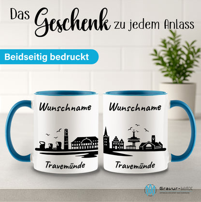 Tasse in Hellblau 330ml bedruckt mit der Skyline von Travemünde personalisierbar mit Wunschname