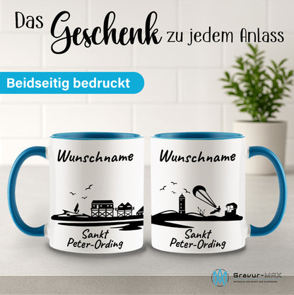 Tasse in Hellblau 330ml bedruckt mit der Skyline von Sankt Peter-Ording personalisierbar mit Wunschname