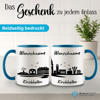 Tasse in Hellblau 330ml bedruckt mit der Skyline von Kirchhellen personalisierbar mit Wunschname