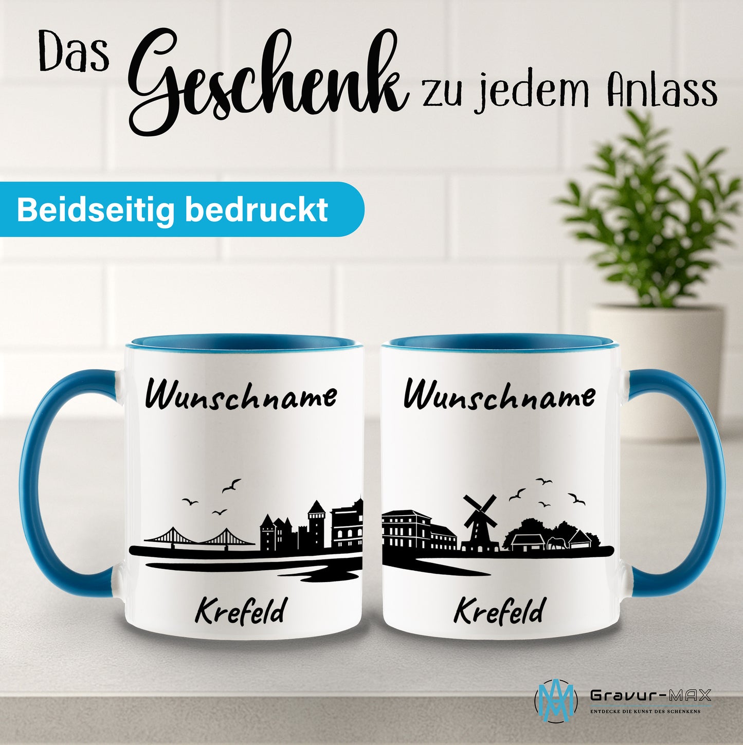 Tasse in Hellblau 330ml bedruckt mit der Skyline von Krefeld personalisierbar mit Wunschname