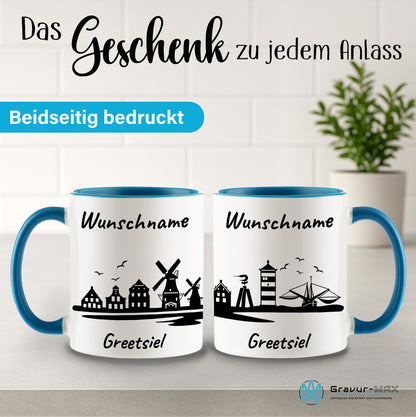 Tasse in Hellblau 330ml bedruckt mit der Skyline von Greetsiel personalisierbar mit Wunschname