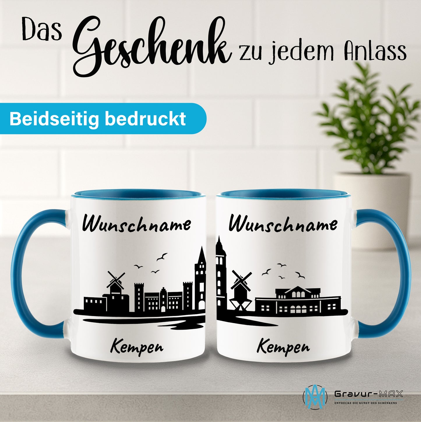 Tasse in Hellblau 330ml bedruckt mit der Skyline von Kempen personalisierbar mit Wunschname