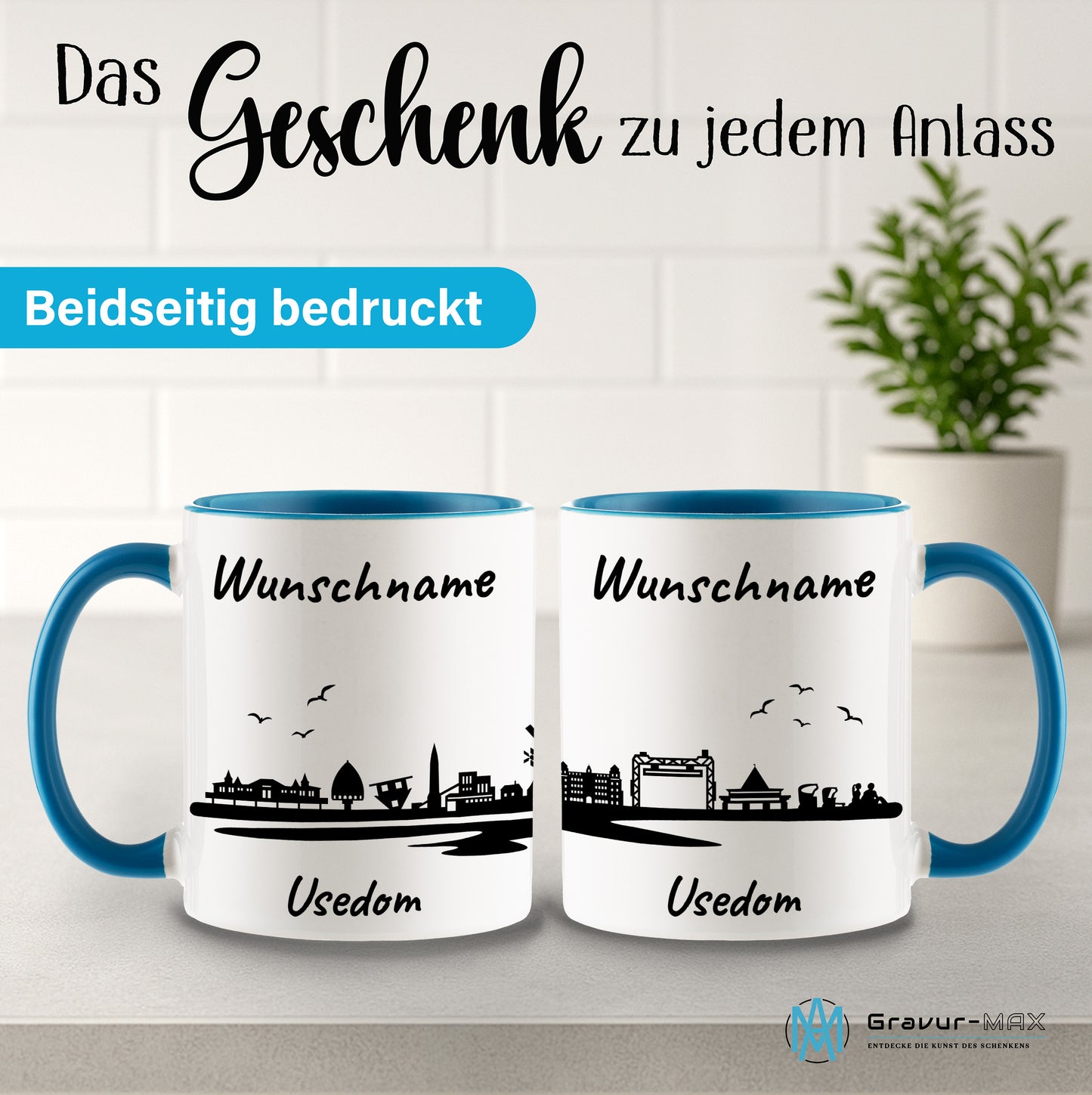Tasse in Hellblau 330ml bedruckt mit der Skyline von Usedom personalisierbar mit Wunschname