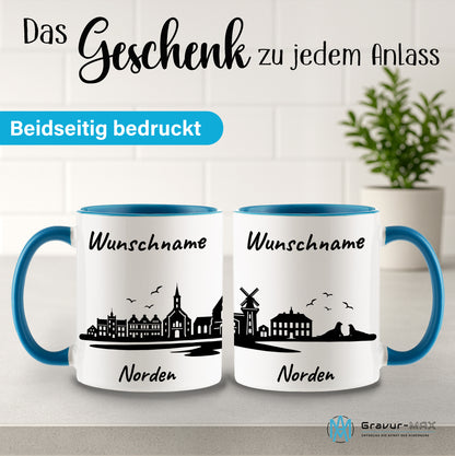 Tasse in Hellblau 330ml bedruckt mit der Skyline von Norden personalisierbar mit Wunschname