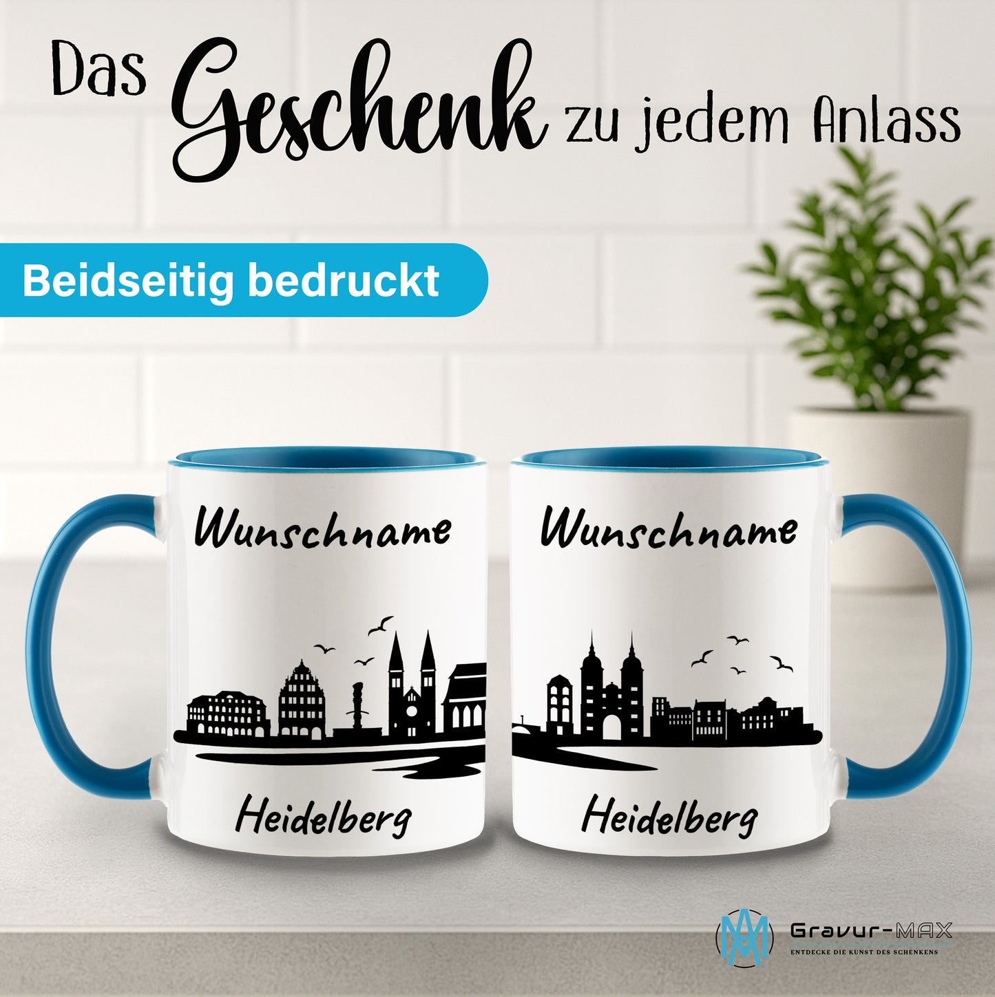 Tasse in Hellblau 330ml bedruckt mit der Skyline von Heidelberg personalisierbar mit Wunschname