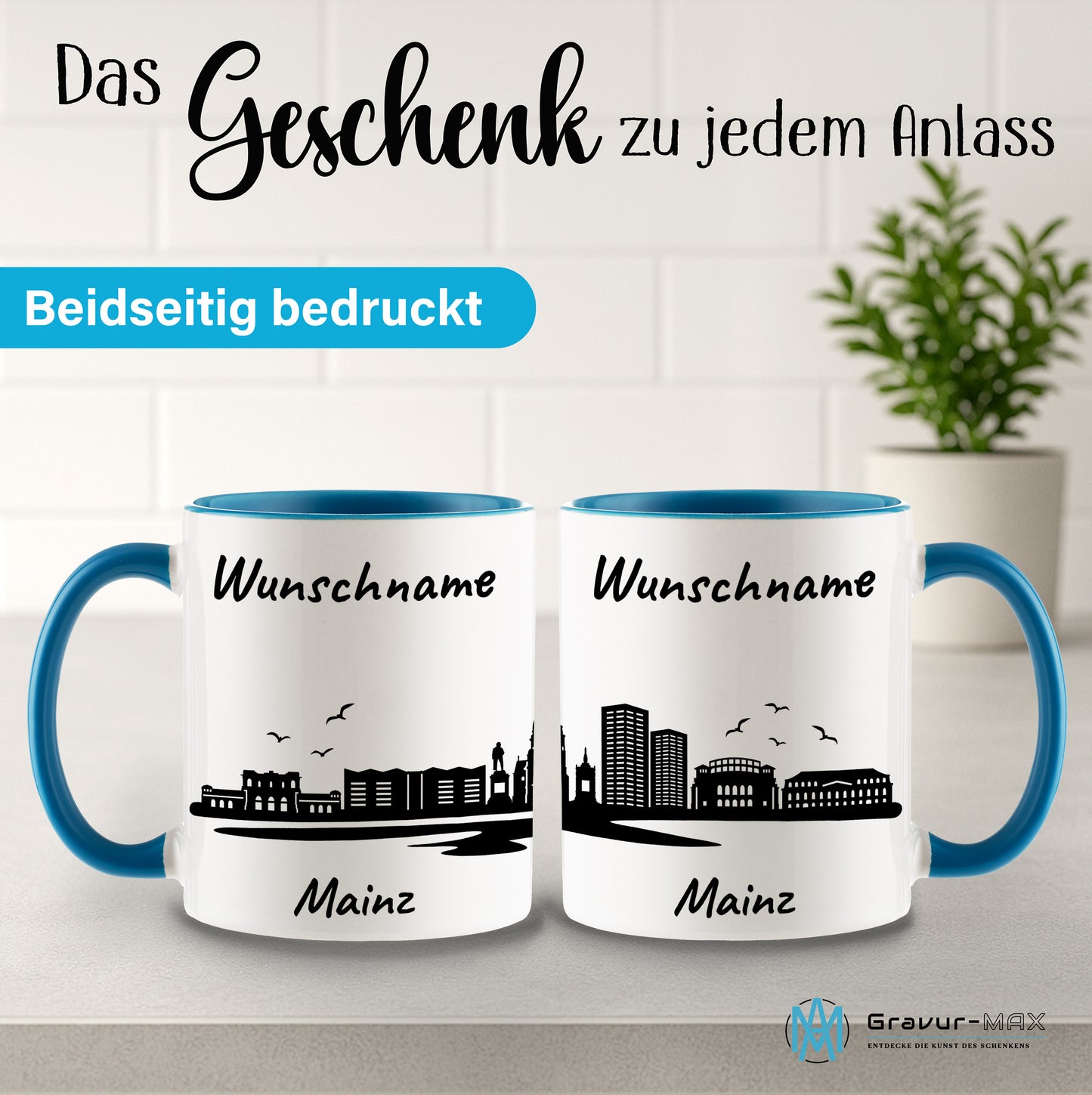 Tasse in Hellblau 330ml bedruckt mit der Skyline von Mainz personalisierbar mit Wunschname
