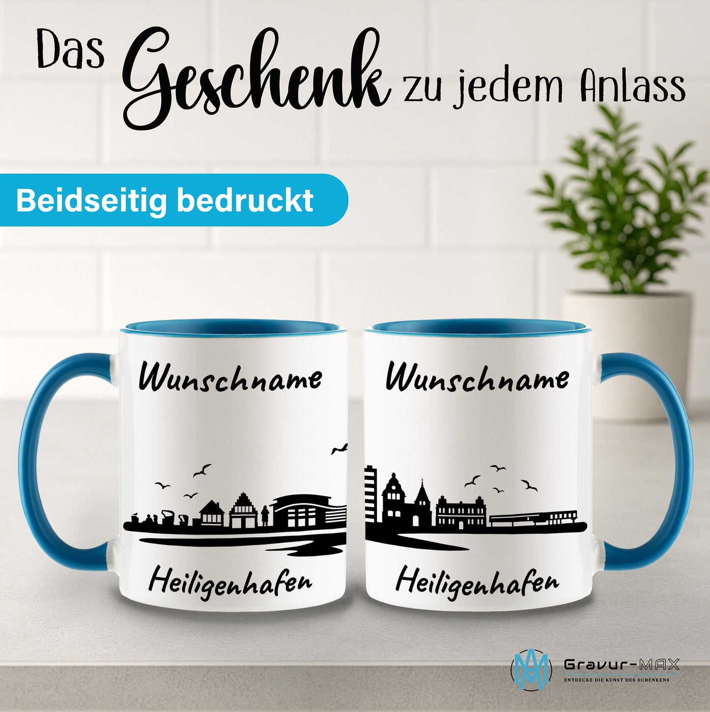 Tasse in Hellblau 330ml bedruckt mit der Skyline von Heiligenhafen personalisierbar mit Wunschname