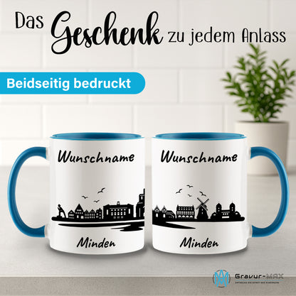 Tasse in Hellblau 330ml bedruckt mit der Skyline von Minden personalisierbar mit Wunschname