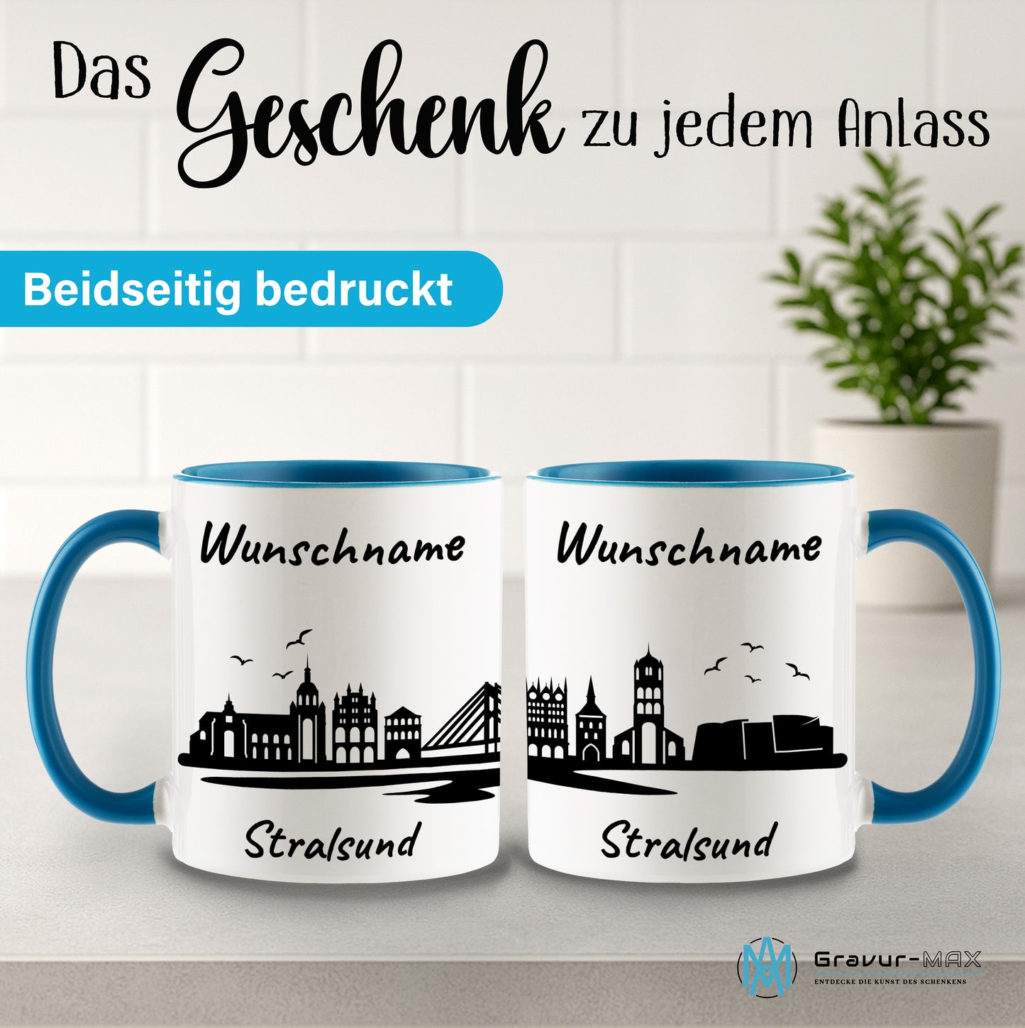 Tasse in Hellblau 330ml bedruckt mit der Skyline von Stralsund personalisierbar mit Wunschname