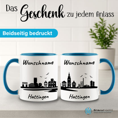 Tasse in Hellblau 330ml bedruckt mit der Skyline von Hattingen personalisierbar mit Wunschname