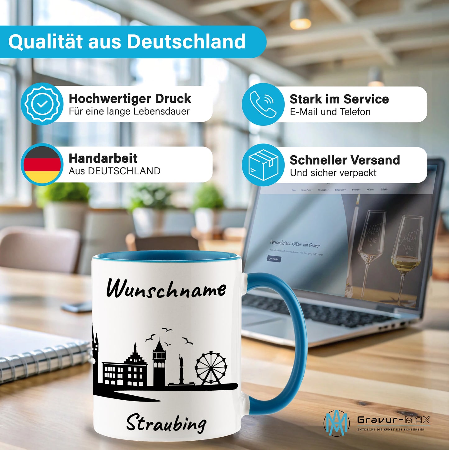 Tasse in Hellblau 330ml bedruckt mit der Skyline von Straubing personalisierbar mit Wunschname