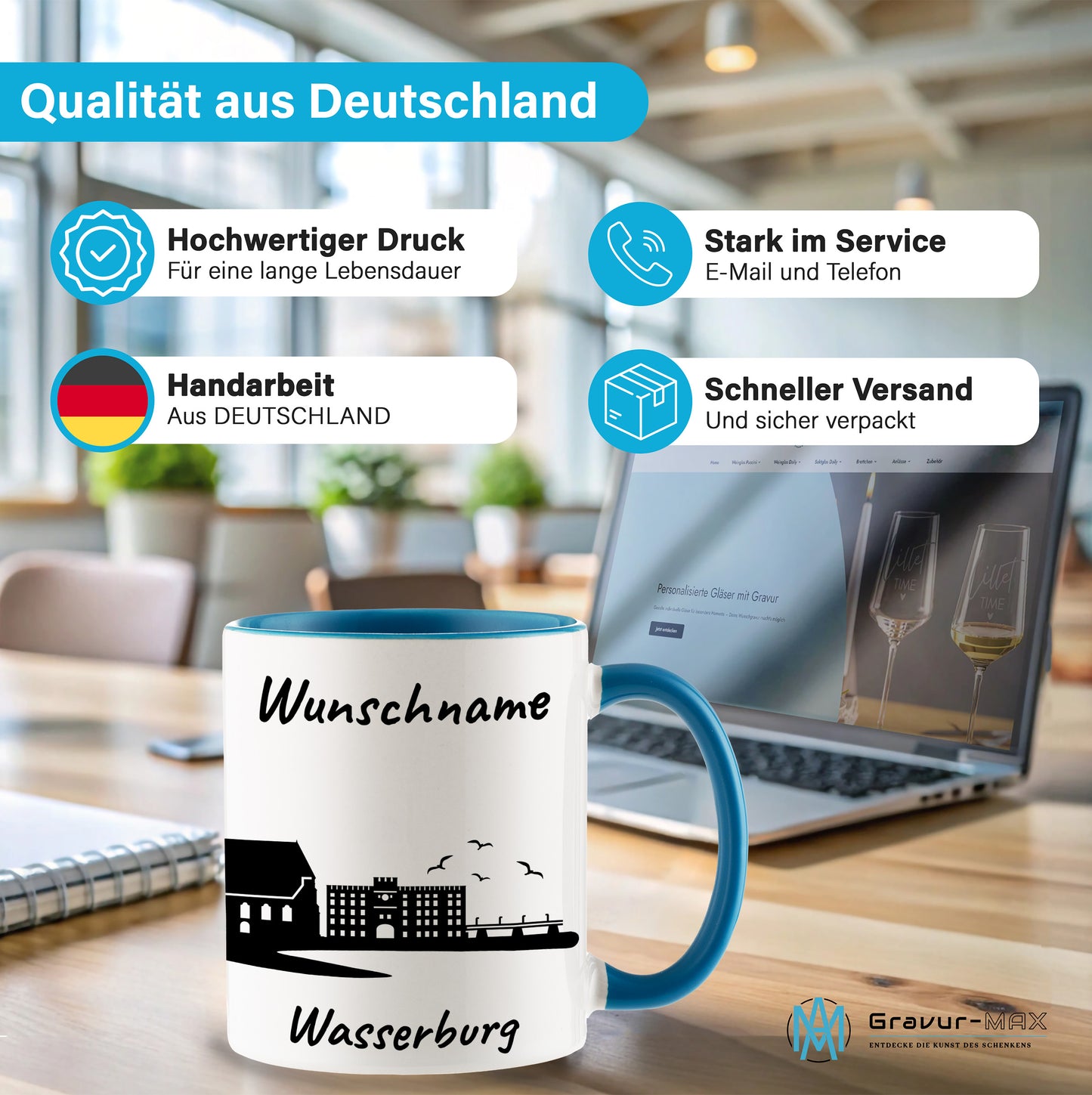 Tasse in Hellblau 330ml bedruckt mit der Skyline von Wasserburg personalisierbar mit Wunschname