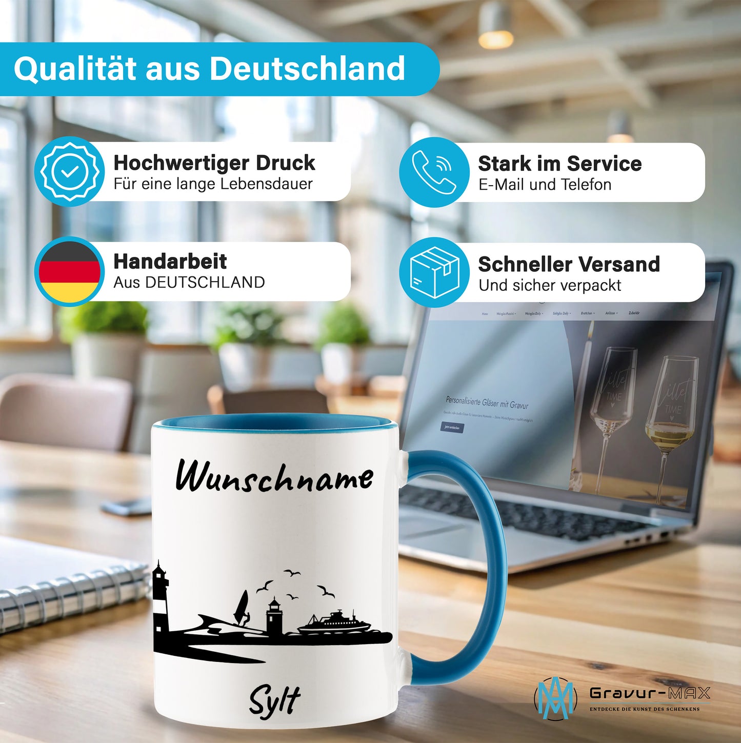Tasse in Hellblau 330ml bedruckt mit der Skyline von Sylt personalisierbar mit Wunschname