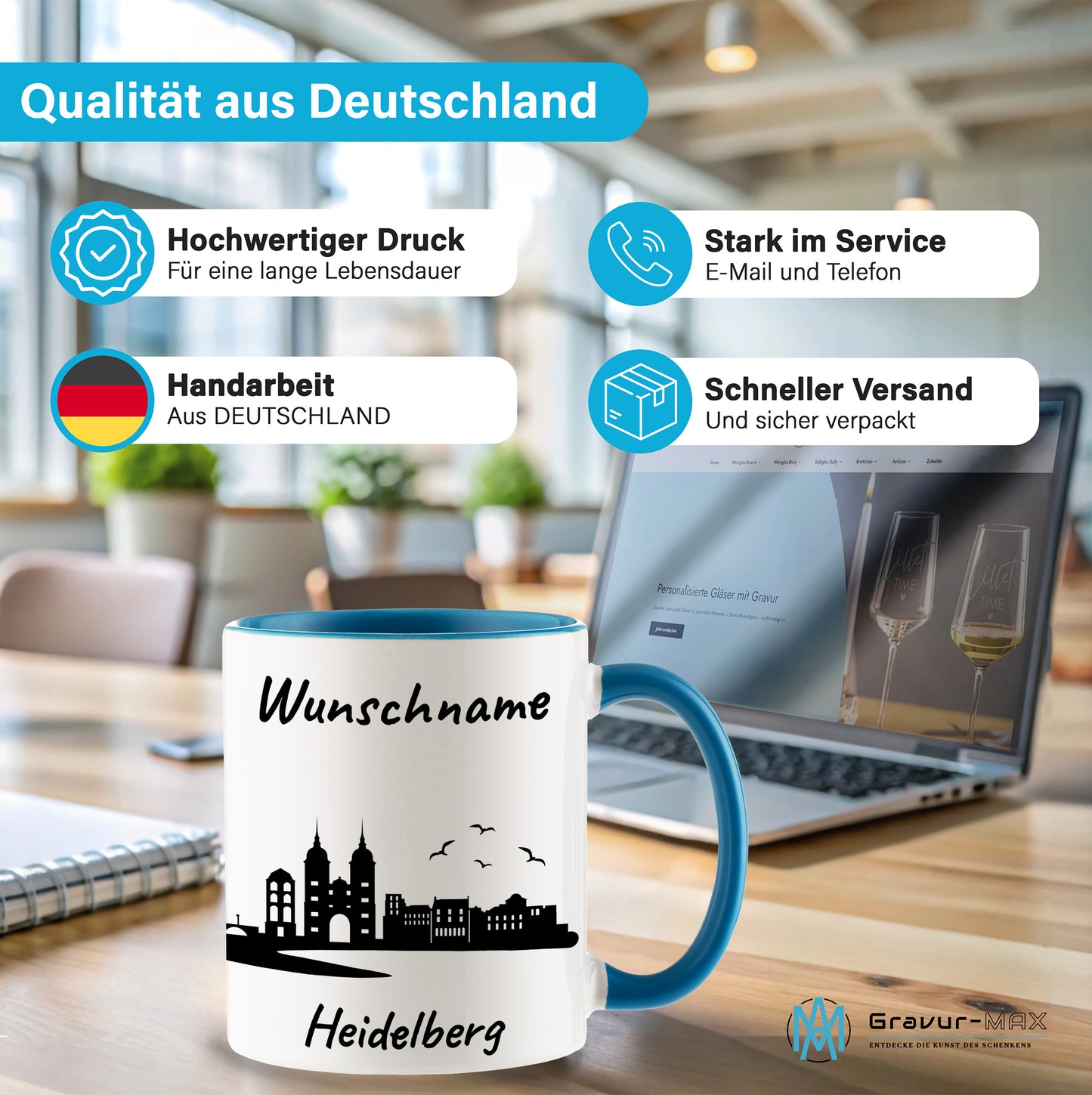 Tasse in Hellblau 330ml bedruckt mit der Skyline von Heidelberg personalisierbar mit Wunschname