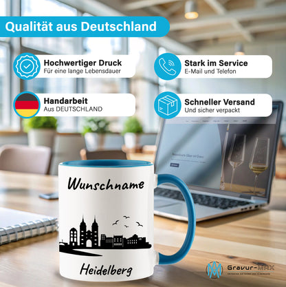 Tasse in Hellblau 330ml bedruckt mit der Skyline von Heidelberg personalisierbar mit Wunschname