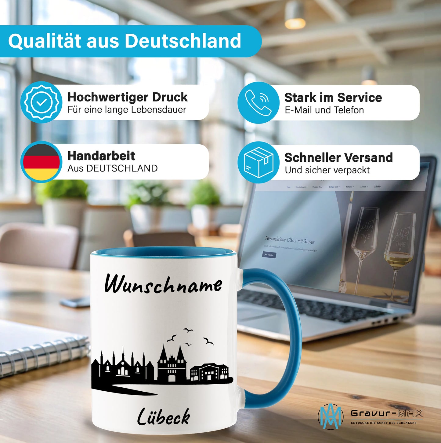 Tasse in Hellblau 330ml bedruckt mit der Skyline von Lübeck personalisierbar mit Wunschname