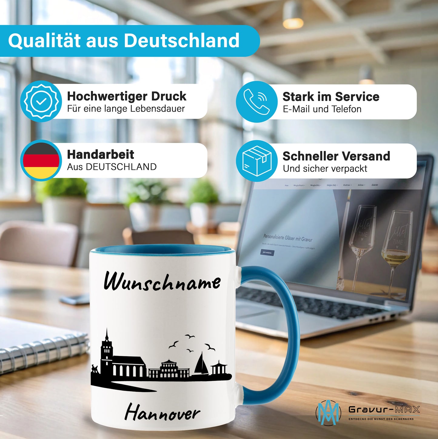 Tasse in Hellblau 330ml bedruckt mit der Skyline von Hannover personalisierbar mit Wunschname