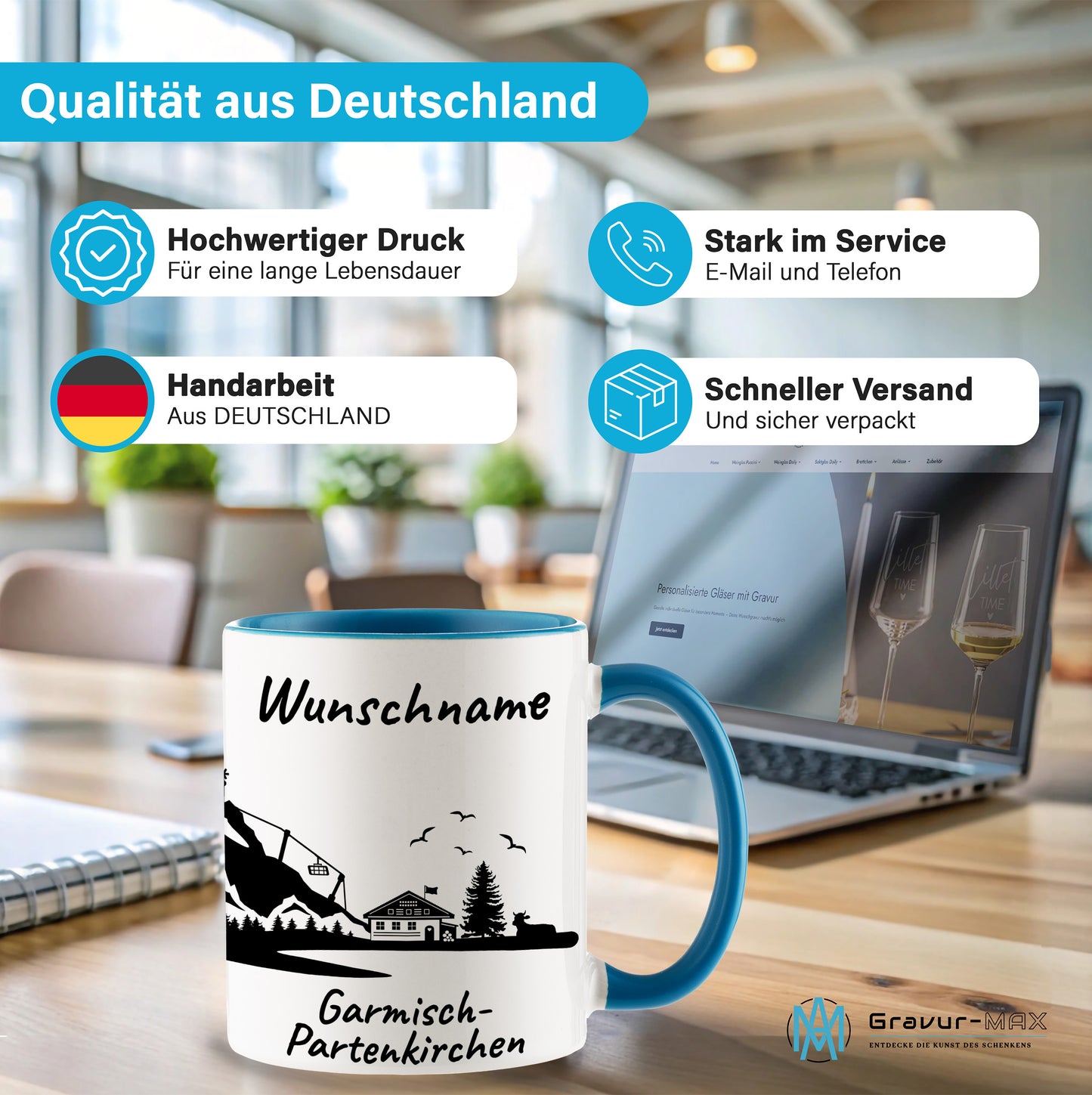 Tasse in Hellblau 330ml bedruckt mit der Skyline von Garmisch-Partenkirchen personalisierbar mit Wunschname