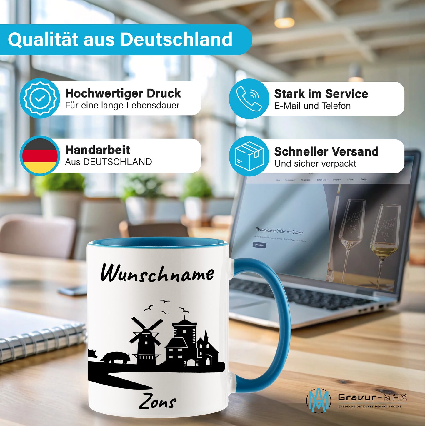 Tasse in Hellblau 330ml bedruckt mit der Skyline von Zons (Dormagen) personalisierbar mit Wunschname