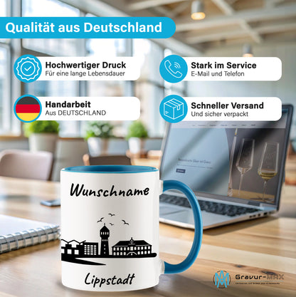 Tasse in Hellblau 330ml bedruckt mit der Skyline von Lippstadt personalisierbar mit Wunschname