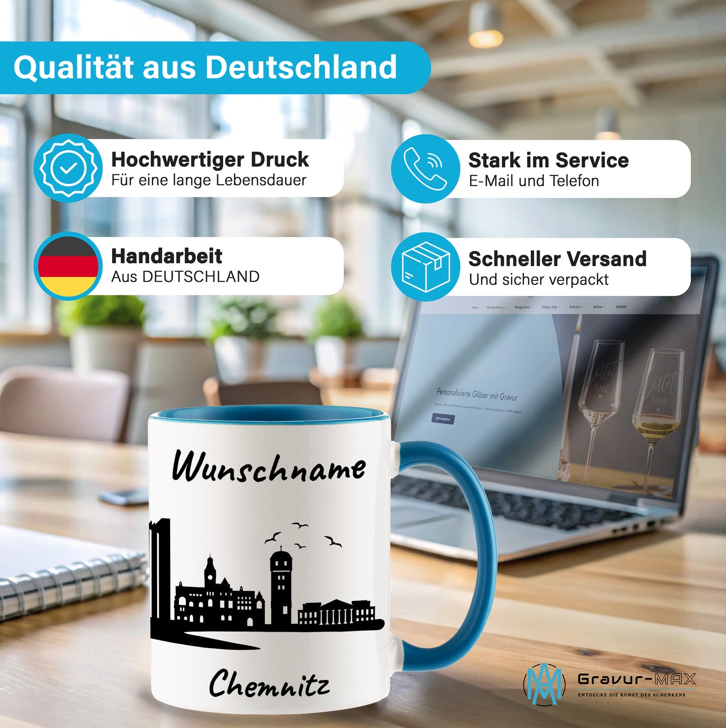 Tasse in Hellblau 330ml bedruckt mit der Skyline von Chemnitz personalisierbar mit Wunschname