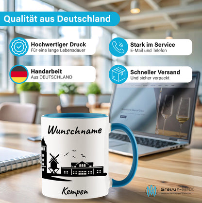 Tasse in Hellblau 330ml bedruckt mit der Skyline von Kempen personalisierbar mit Wunschname