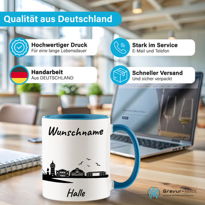 Tasse in Hellblau 330ml bedruckt mit der Skyline von Halle personalisierbar mit Wunschname