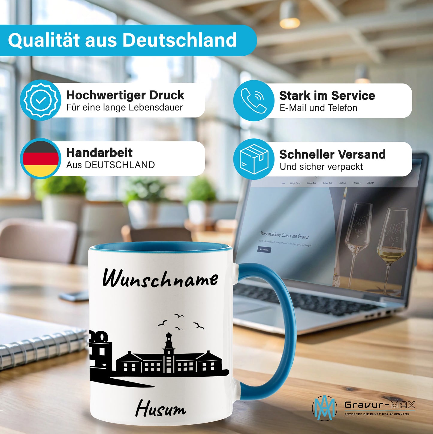 Tasse in Hellblau 330ml bedruckt mit der Skyline von Husum personalisierbar mit Wunschname