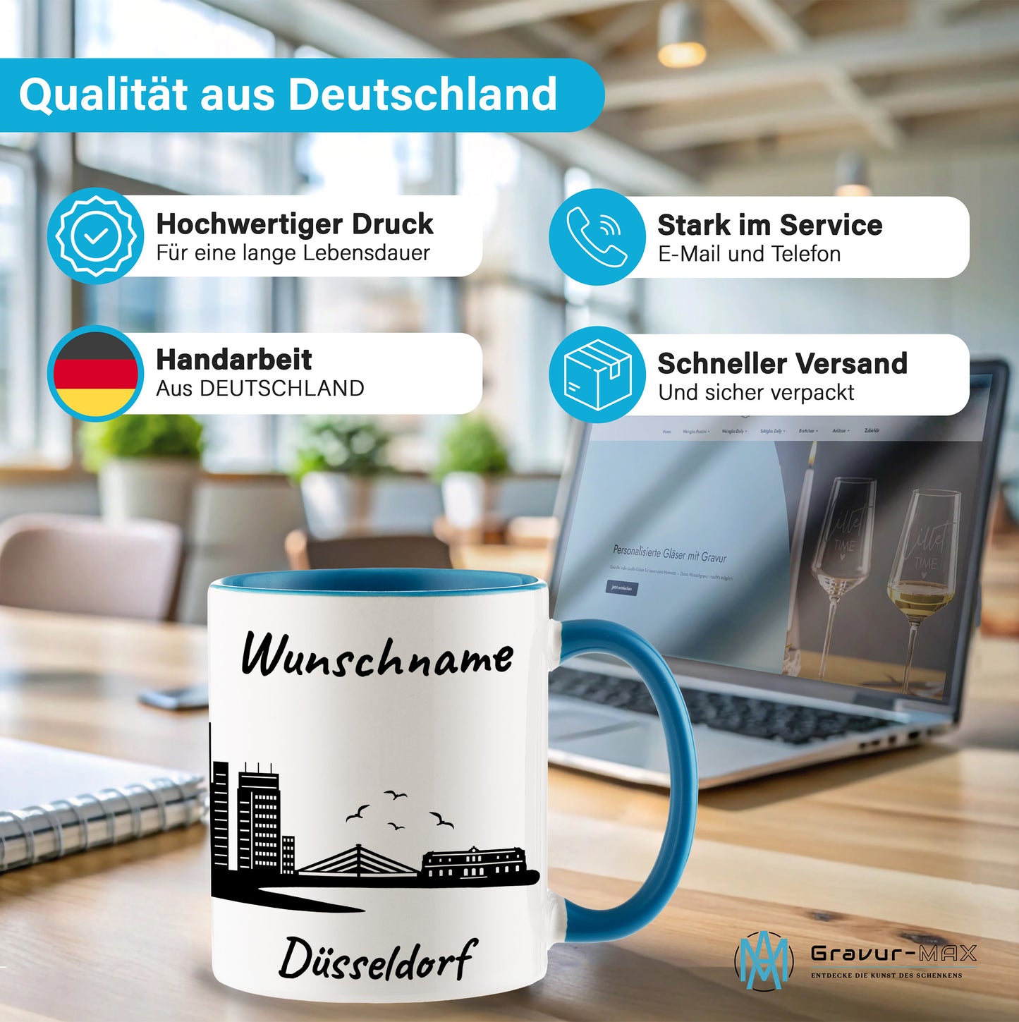 Tasse in Hellblau 330ml bedruckt mit der Skyline von Düsseldorf personalisierbar mit Wunschname