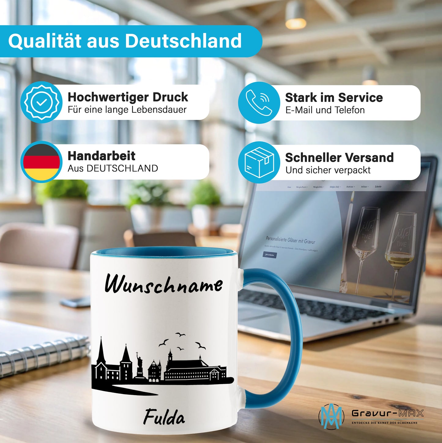 Tasse in Hellblau 330ml bedruckt mit der Skyline von Fulda personalisierbar mit Wunschname