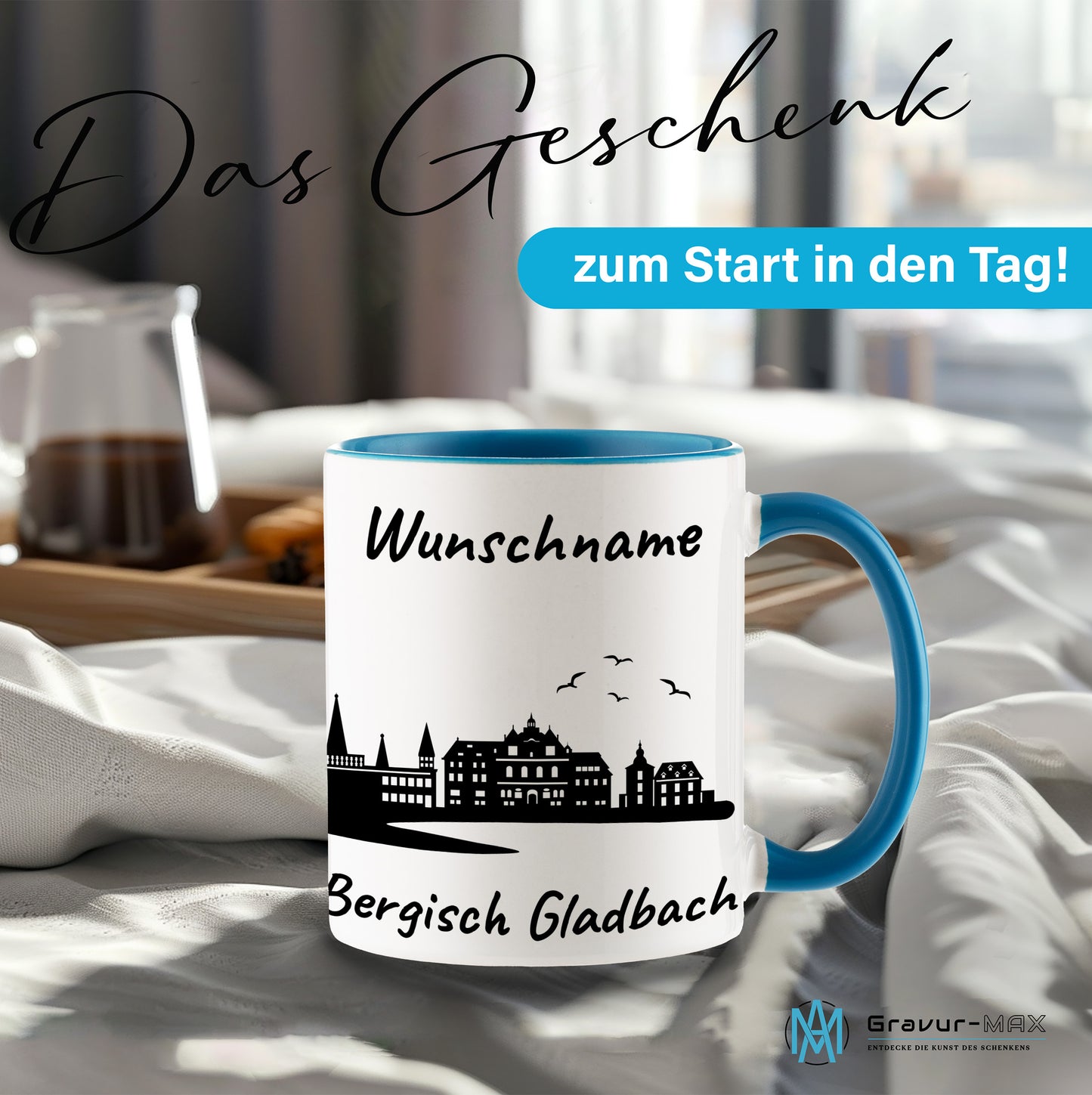 Tasse in Hellblau 330ml bedruckt mit der Skyline von Bergisch Gladbach personalisierbar mit Wunschname