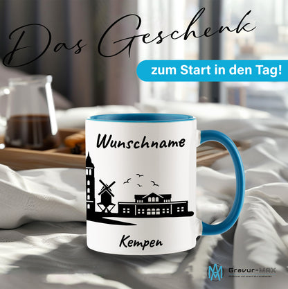 Tasse in Hellblau 330ml bedruckt mit der Skyline von Kempen personalisierbar mit Wunschname