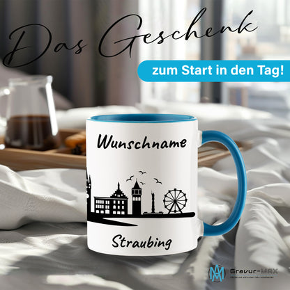 Tasse in Hellblau 330ml bedruckt mit der Skyline von Straubing personalisierbar mit Wunschname